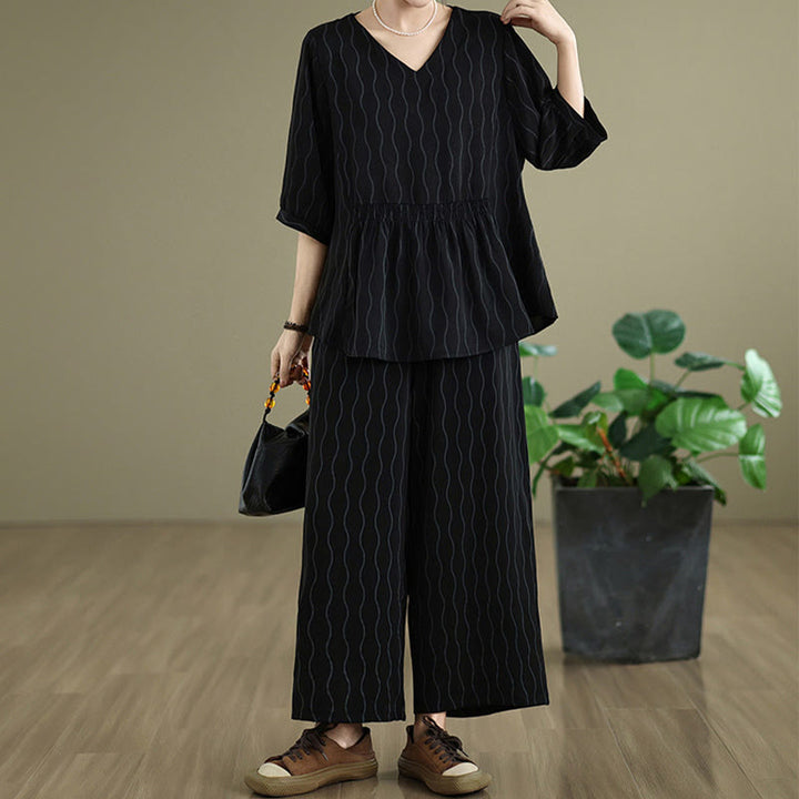 Buddha Stones 2pcs Striped Pattern Short Sleeve Shirt Polyester 7 Length Harem Pants Set With Pocket - image 11