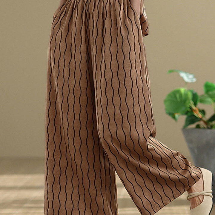 Buddha Stones 2pcs Striped Pattern Short Sleeve Shirt Polyester 7 Length Harem Pants Set With Pocket - image 6