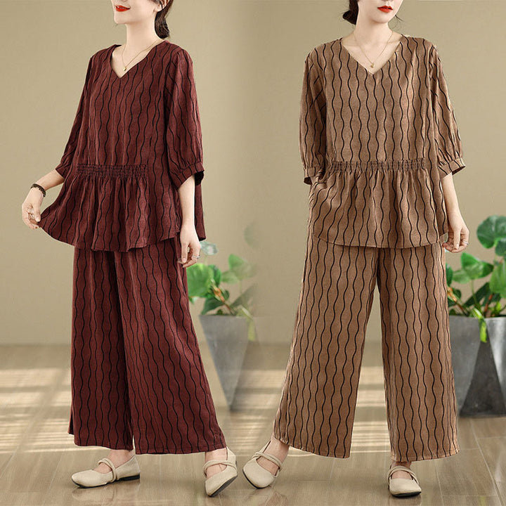Buddha Stones 2pcs Striped Pattern Short Sleeve Shirt Polyester 7 Length Harem Pants Set With Pocket - image 28