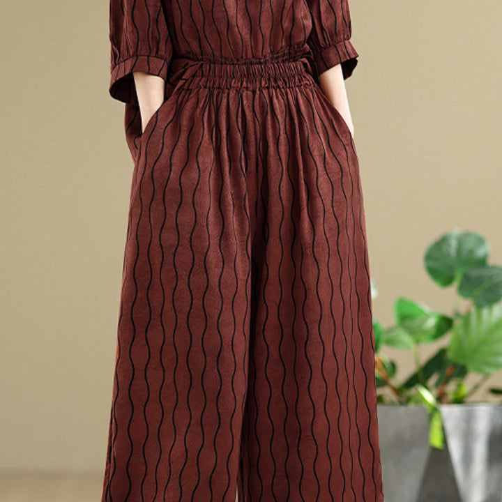 Buddha Stones 2pcs Striped Pattern Short Sleeve Shirt Polyester 7 Length Harem Pants Set With Pocket - image 25