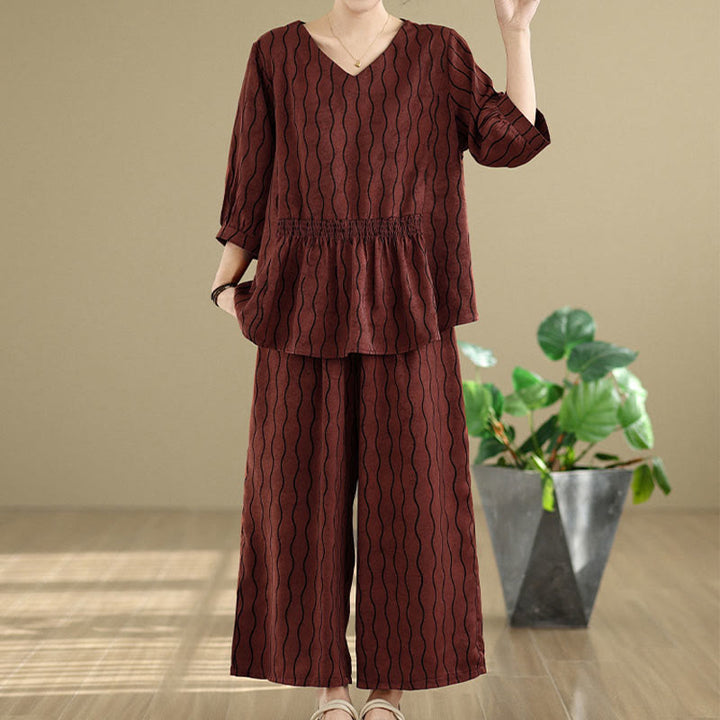 Buddha Stones 2pcs Striped Pattern Short Sleeve Shirt Polyester 7 Length Harem Pants Set With Pocket - image 23