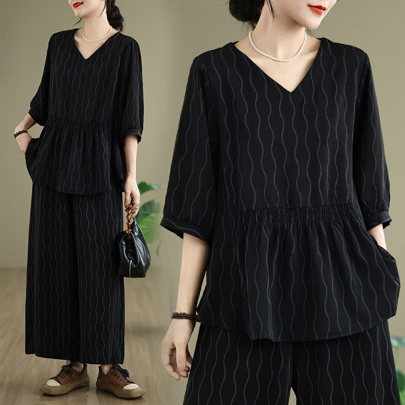 Buddha Stones 2pcs Striped Pattern Short Sleeve Shirt Polyester 7 Length Harem Pants Set With Pocket - image 21