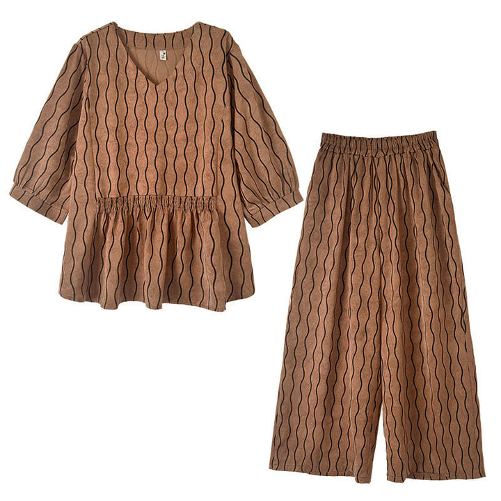 Buddha Stones 2pcs Striped Pattern Short Sleeve Shirt Polyester 7 Length Harem Pants Set With Pocket - image 9