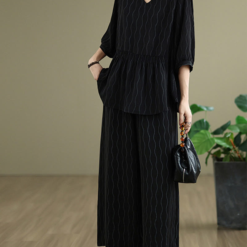 Buddha Stones 2pcs Striped Pattern Short Sleeve Shirt Polyester 7 Length Harem Pants Set With Pocket - image 15