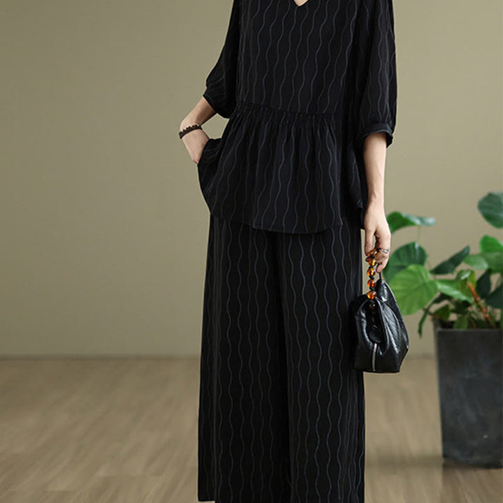 Buddha Stones 2pcs Striped Pattern Short Sleeve Shirt Polyester 7 Length Harem Pants Set With Pocket - image 15