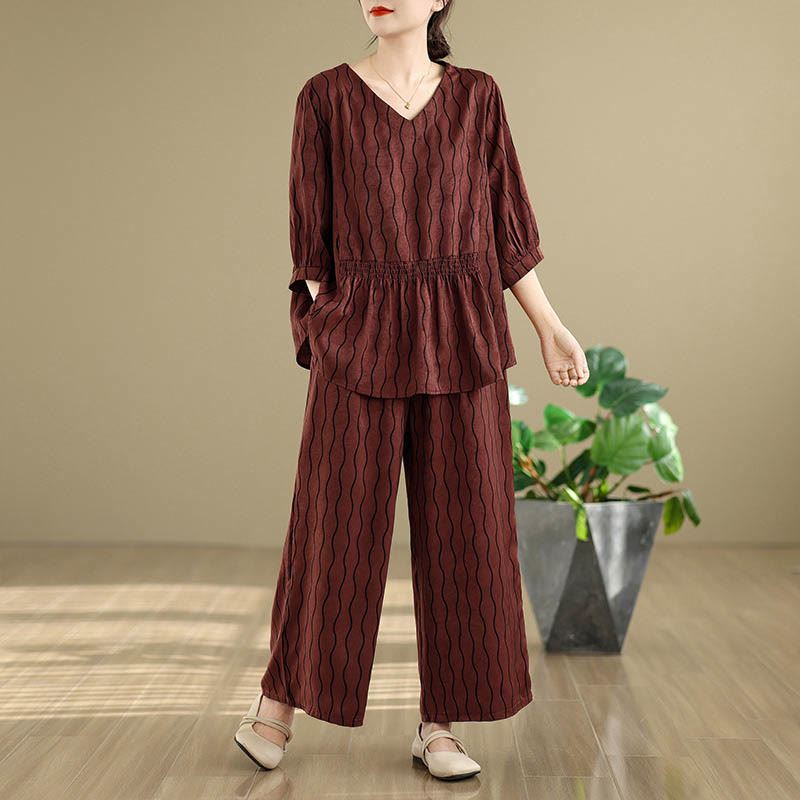 Buddha Stones 2pcs Striped Pattern Short Sleeve Shirt Polyester 7 Length Harem Pants Set With Pocket - DarkRed - US12，UK/AU16，EU44 (3XL) - image 22