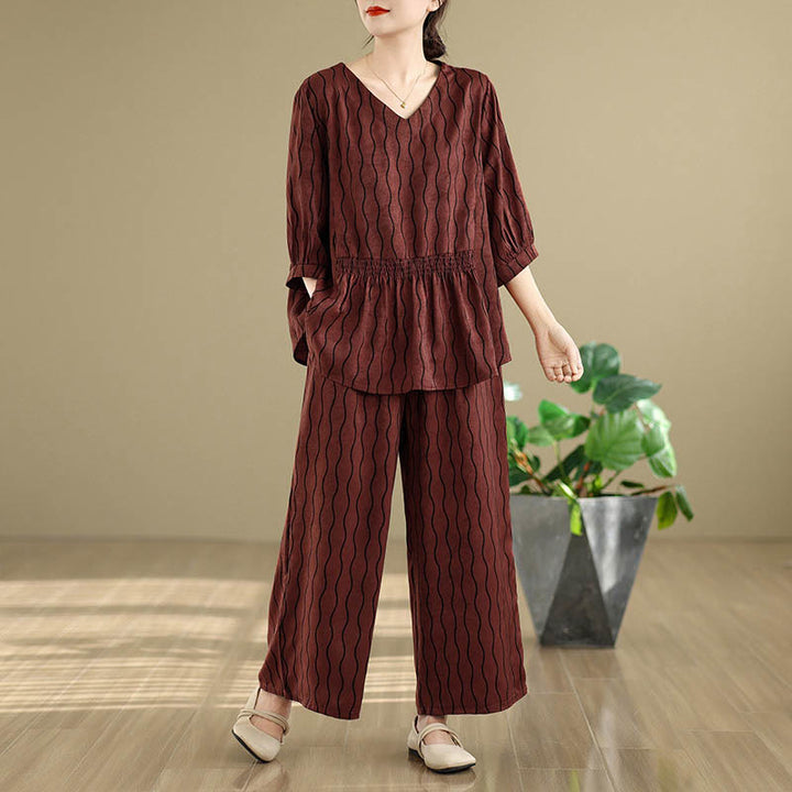 Buddha Stones 2pcs Striped Pattern Short Sleeve Shirt Polyester 7 Length Harem Pants Set With Pocket - DarkRed - US12，UK/AU16，EU44 (3XL) - image 22