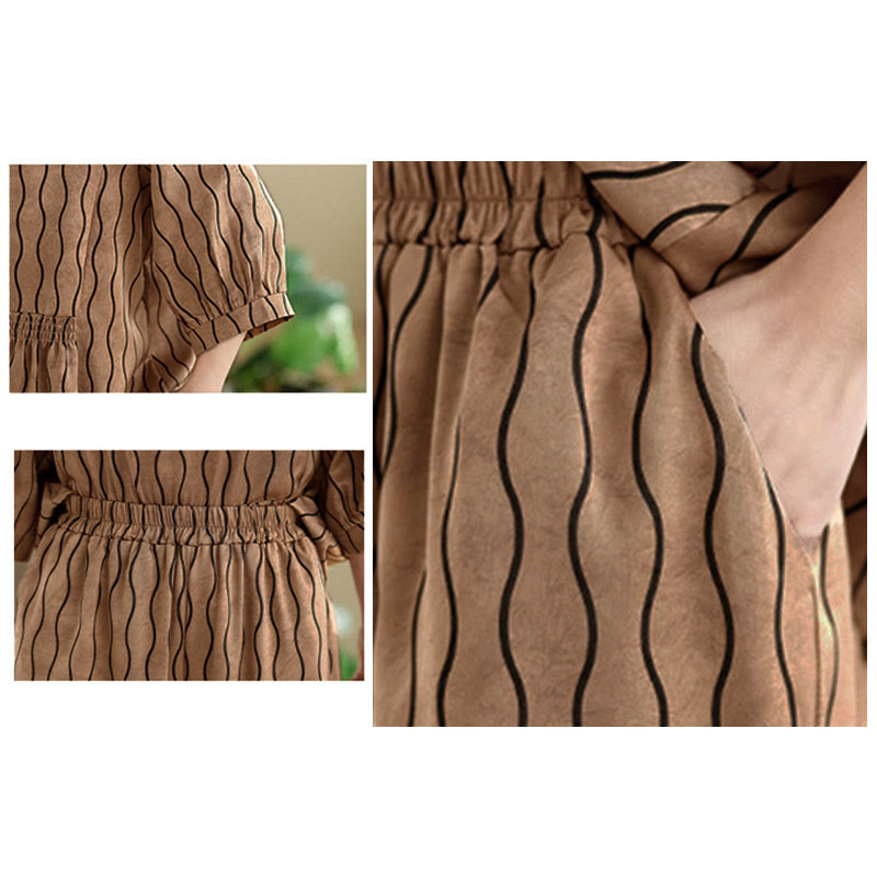 Buddha Stones 2pcs Striped Pattern Short Sleeve Shirt Polyester 7 Length Harem Pants Set With Pocket - image 8