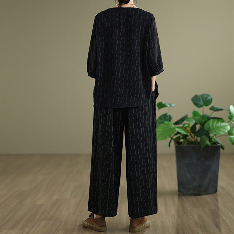 Buddha Stones 2pcs Striped Pattern Short Sleeve Shirt Polyester 7 Length Harem Pants Set With Pocket - image 16
