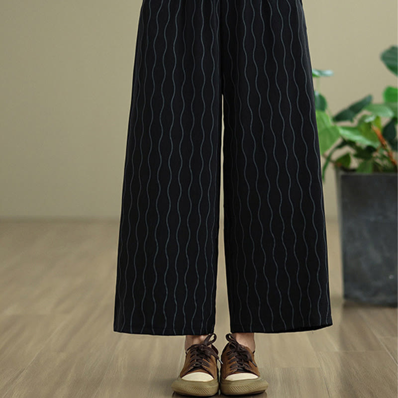 Buddha Stones 2pcs Striped Pattern Short Sleeve Shirt Polyester 7 Length Harem Pants Set With Pocket - image 20