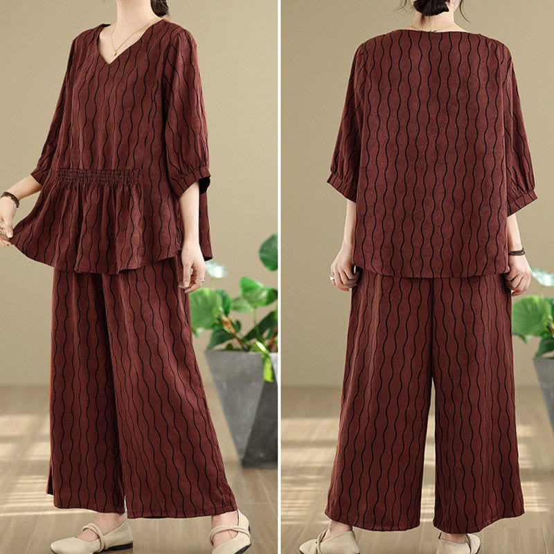 Buddha Stones 2pcs Striped Pattern Short Sleeve Shirt Polyester 7 Length Harem Pants Set With Pocket - image 27