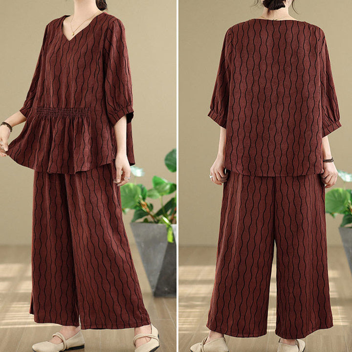 Buddha Stones 2pcs Striped Pattern Short Sleeve Shirt Polyester 7 Length Harem Pants Set With Pocket - image 27