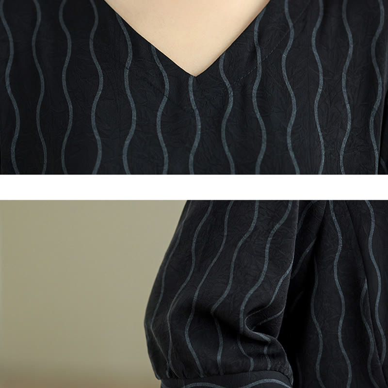 Buddha Stones 2pcs Striped Pattern Short Sleeve Shirt Polyester 7 Length Harem Pants Set With Pocket - image 17