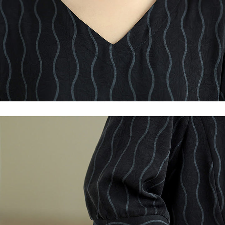 Buddha Stones 2pcs Striped Pattern Short Sleeve Shirt Polyester 7 Length Harem Pants Set With Pocket - image 17