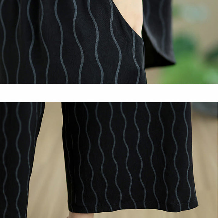 Buddha Stones 2pcs Striped Pattern Short Sleeve Shirt Polyester 7 Length Harem Pants Set With Pocket - image 18
