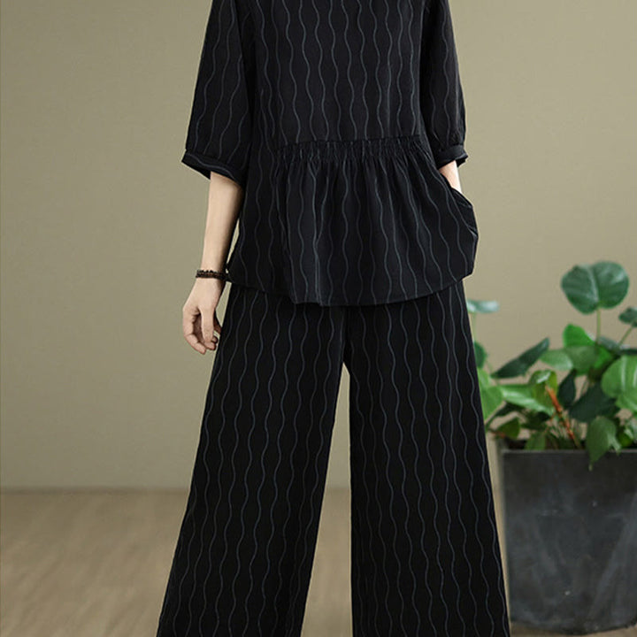 Buddha Stones 2pcs Striped Pattern Short Sleeve Shirt Polyester 7 Length Harem Pants Set With Pocket - image 14