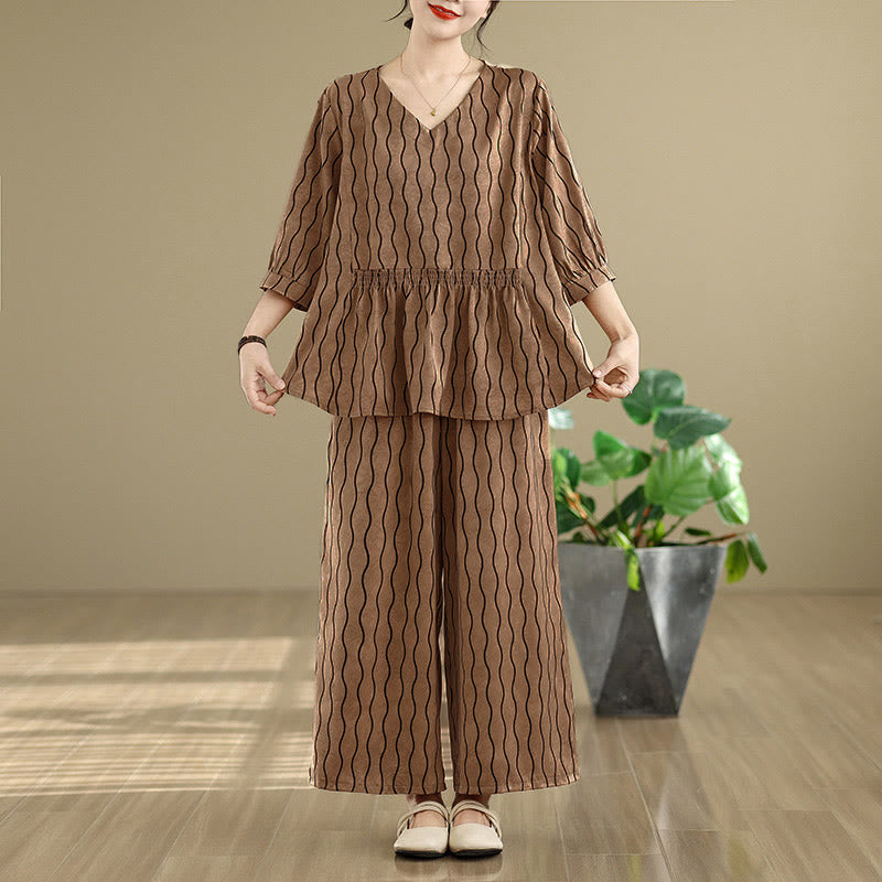 Buddha Stones 2pcs Striped Pattern Short Sleeve Shirt Polyester 7 Length Harem Pants Set With Pocket - image 2