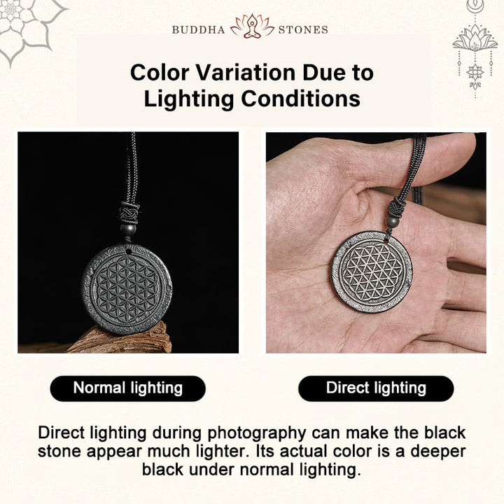 Buddha Stones Flower of Life Carving Design Authentic Shungite Stone Protection Necklace Pendant - image 4
