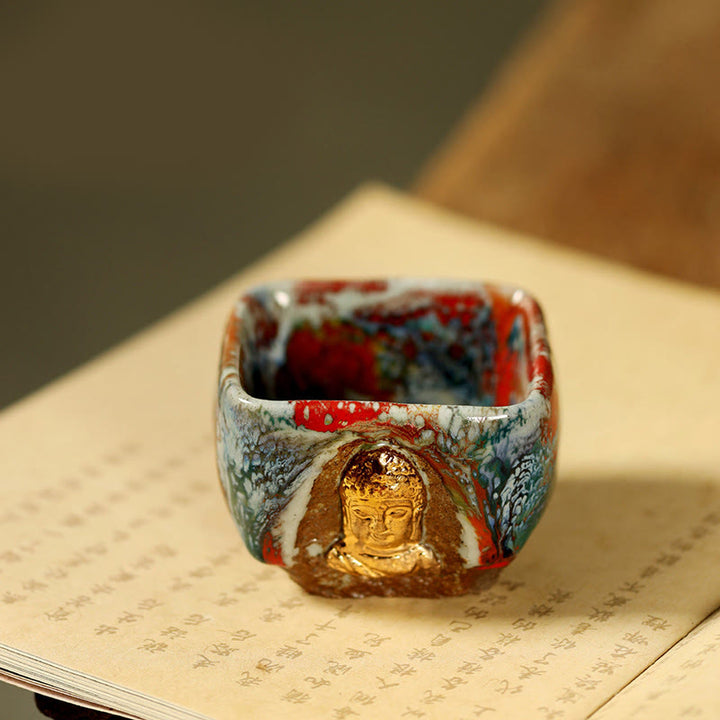 Buddha Stones Hand-painted Dunhuang Meditating Buddha Shino Ceramic Teacup Kung Fu Tea Cup - Buddha 7cm*5.5cm*125ml - image 7