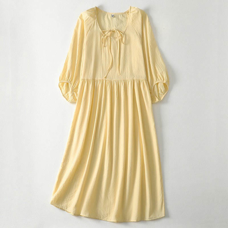 Buddha Stones Spring Solid Color Lace-up Crew Neck Design Three Quarter Sleeve Women's Midi Dress - LemonChiffon - US12，UK/AU16，EU44 (2XL) - image 11