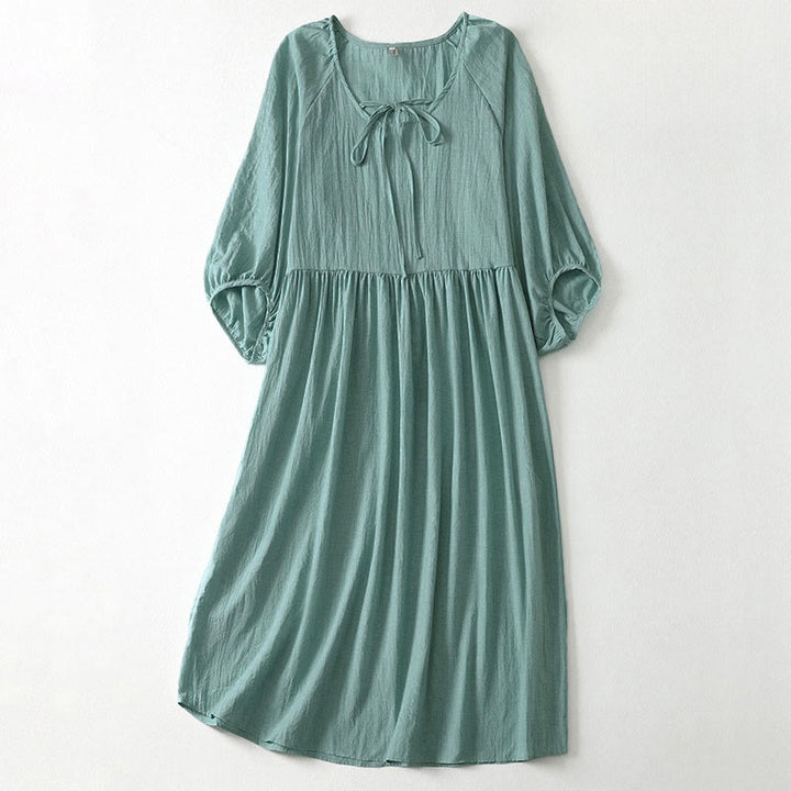 Buddha Stones Spring Solid Color Lace-up Crew Neck Design Three Quarter Sleeve Women's Midi Dress - MediumAquamarine - US12，UK/AU16，EU44 (2XL) - image 16