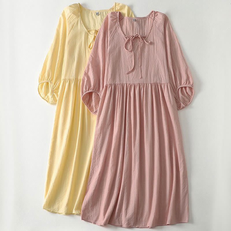 Buddha Stones Spring Solid Color Lace-up Crew Neck Design Three Quarter Sleeve Women's Midi Dress - image 2