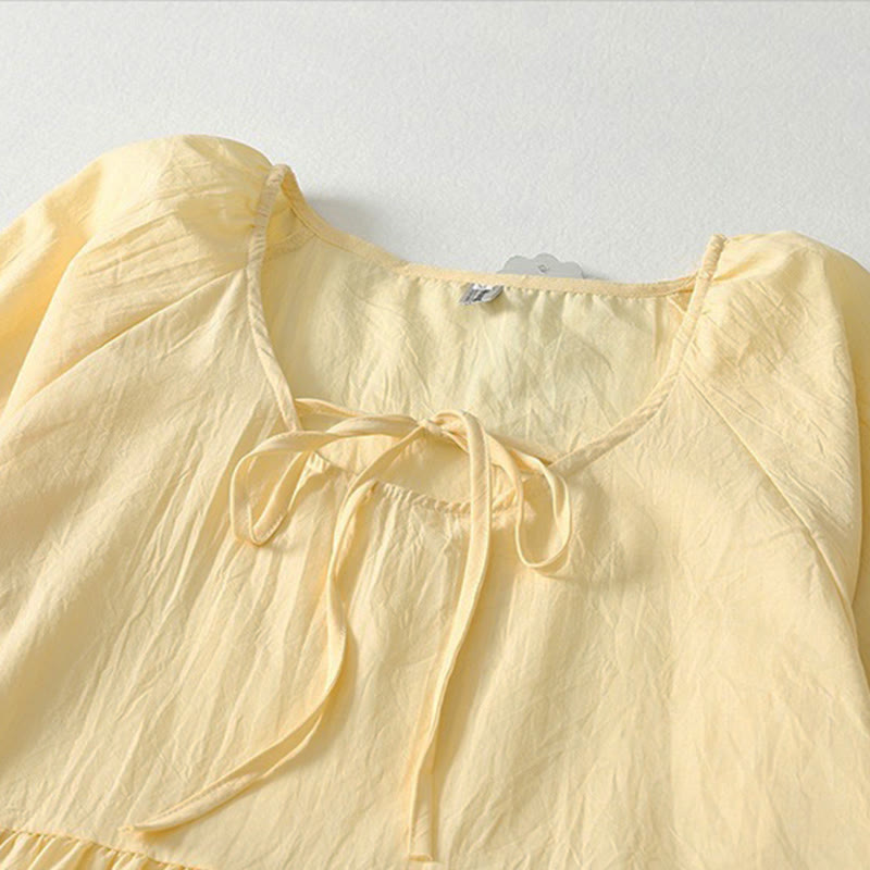 Buddha Stones Spring Solid Color Lace-up Crew Neck Design Three Quarter Sleeve Women's Midi Dress - image 12