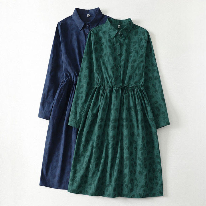 Buddha Stones Spring Grass Vines Print Buttons Design Long Sleeve Midi Dress With Pockets - image 1