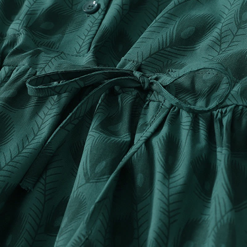 Buddha Stones Spring Grass Vines Print Buttons Design Long Sleeve Midi Dress With Pockets - image 7