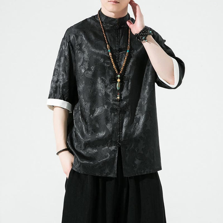 Buddha Stones Summer Cashew Flowers Pattern Men's Frog-Button Half Sleeve Shirts - Black - US/UK/AU46，EU56 (5XL) - image 10