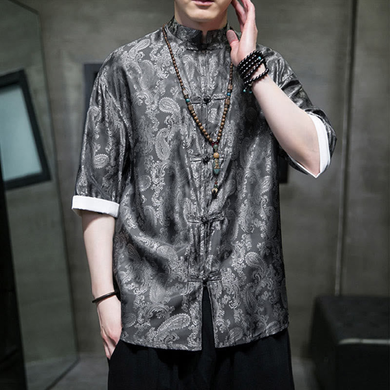 Buddha Stones Summer Cashew Flowers Pattern Men's Frog-Button Half Sleeve Shirts - image 3