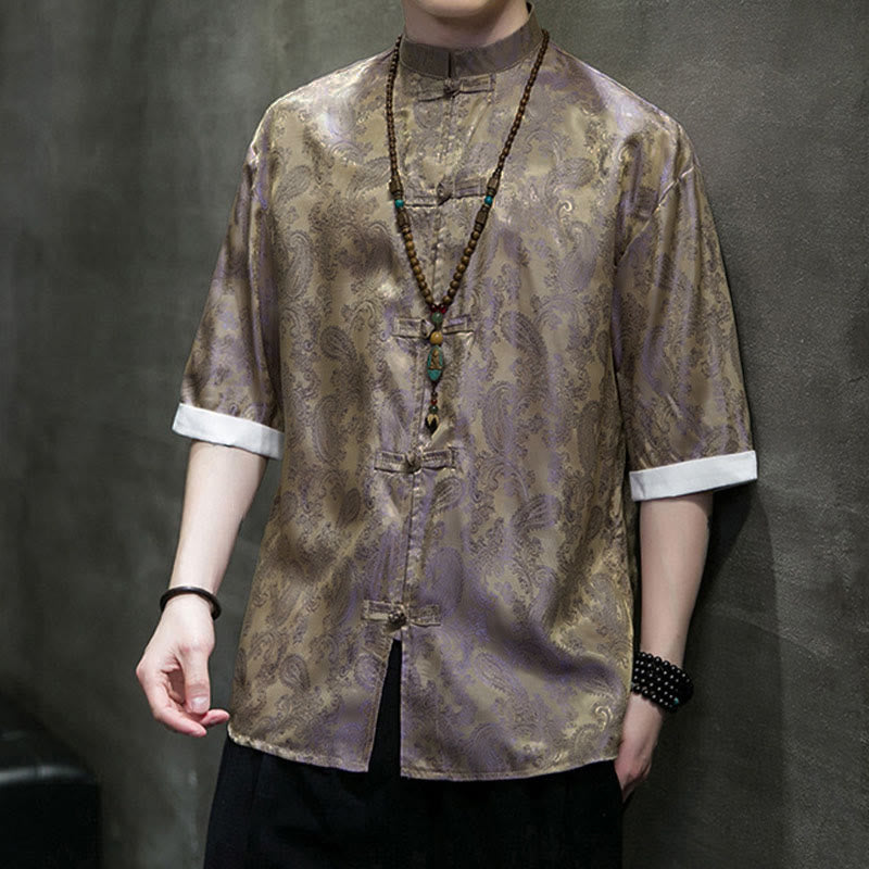 Buddha Stones Summer Cashew Flowers Pattern Men's Frog-Button Half Sleeve Shirts - image 47
