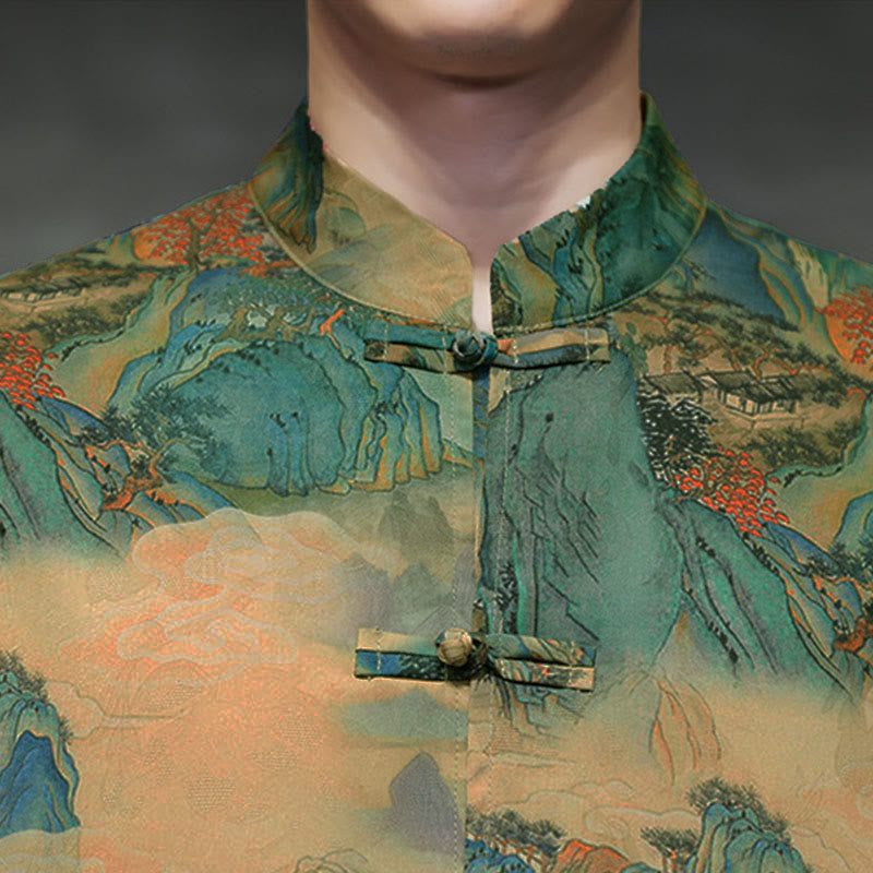 Buddha Stones Spring Frog-Button Dragon Mountain Flower Three Quarter Sleeve Tang Suit Men's Shirt With Pockets - image 46