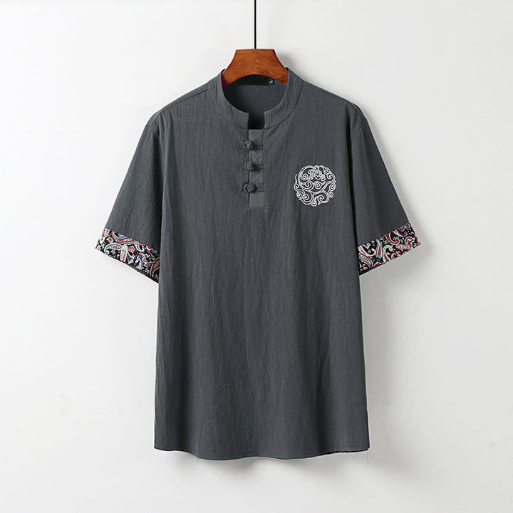 Buddha Stones Summer Frog-Button Auspicious Clouds Embroidery Design Short Sleeve Cotton Linen Men's Shirt - Gray - US/UK/AU54，EU64 (9XL) - image 9