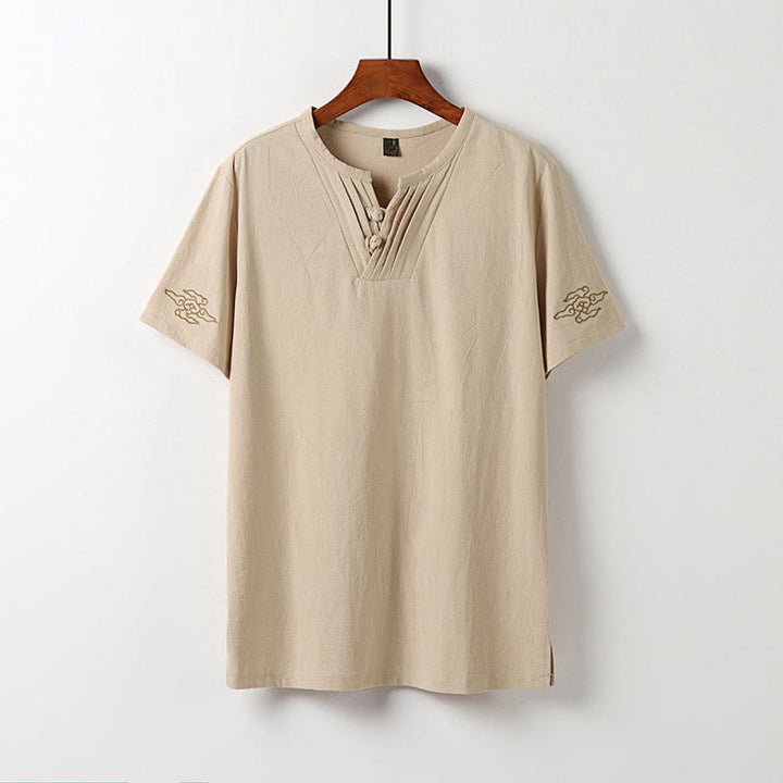 Buddha Stones Summer V-Neck Frog-Button Short Sleeve Clouds Embroidery Cotton Linen Men's Shirt - Bisque - US/UK/AU54，EU64 (9XL) - image 12