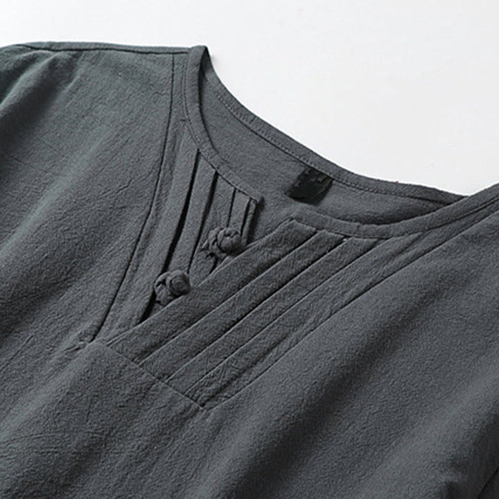 Buddha Stones Summer V-Neck Frog-Button Short Sleeve Clouds Embroidery Cotton Linen Men's Shirt - image 4