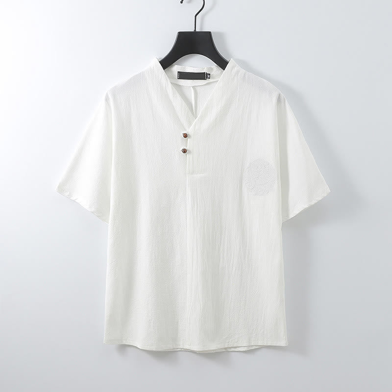 Buddha Stones Summer V-Neck Button Short Sleeve Clouds Embroidery Cotton Linen Men's Shirt - White - US/UK/AU56，EU66 (9XL) - image 4