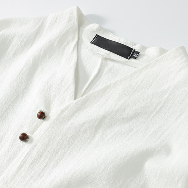 Buddha Stones Summer V-Neck Button Short Sleeve Clouds Embroidery Cotton Linen Men's Shirt - image 6