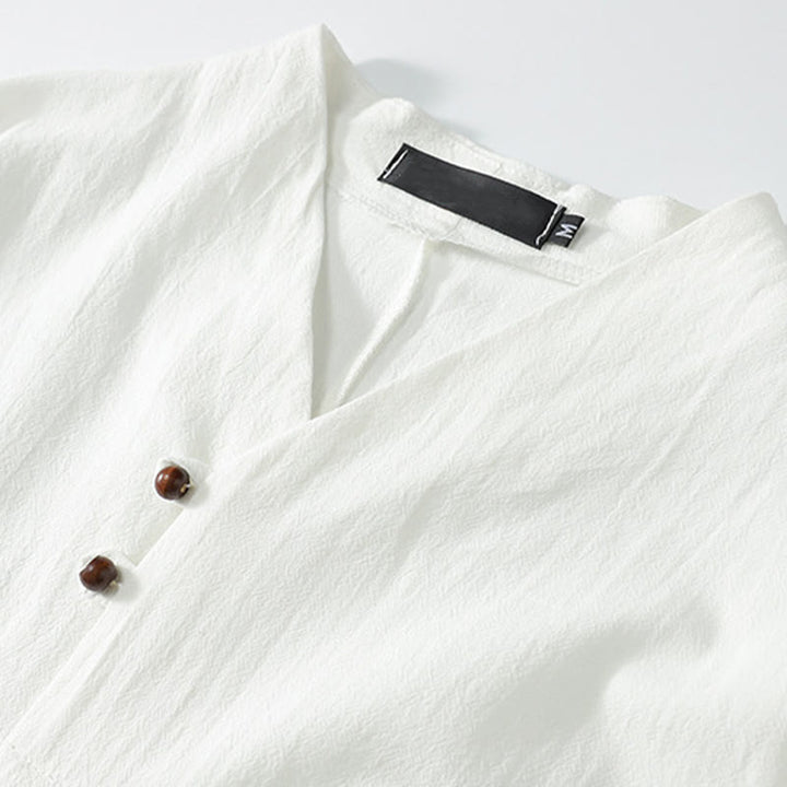 Buddha Stones Summer V-Neck Button Short Sleeve Clouds Embroidery Cotton Linen Men's Shirt - image 6
