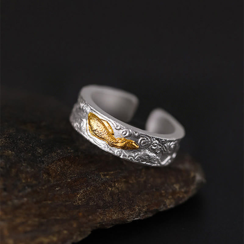 Buddha Stones 999 Sterling Silver 999 Gold Koi Fish Auspicious Clouds Luck Ring - image 3
