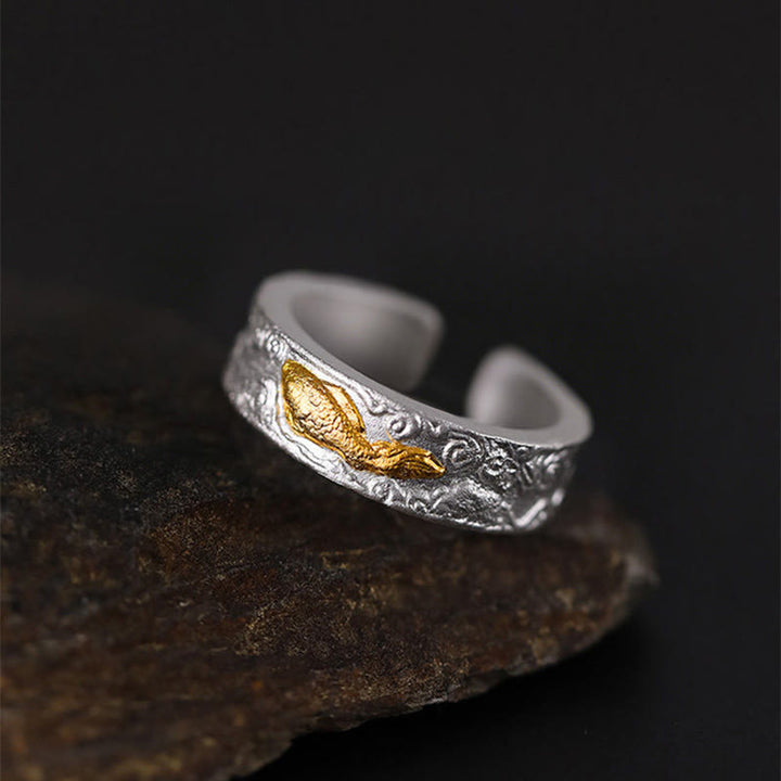 Buddha Stones 999 Sterling Silver 999 Gold Koi Fish Auspicious Clouds Luck Ring - image 3