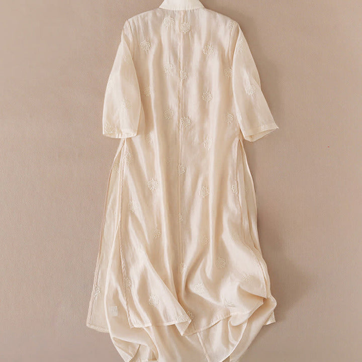 Buddha Stones Embroidery Flower Frog-Button Stand Collar Side Slit Half Sleeve Maxi Dress - image 3