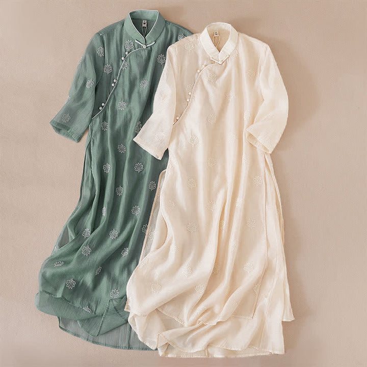 Buddha Stones Embroidery Flower Frog-Button Stand Collar Side Slit Half Sleeve Maxi Dress - image 14