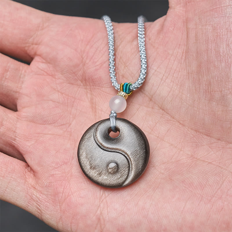 Buddha Stones Silver Sheen Obsidian Yin Yang Symbol Protection Necklace Pendant - image 4