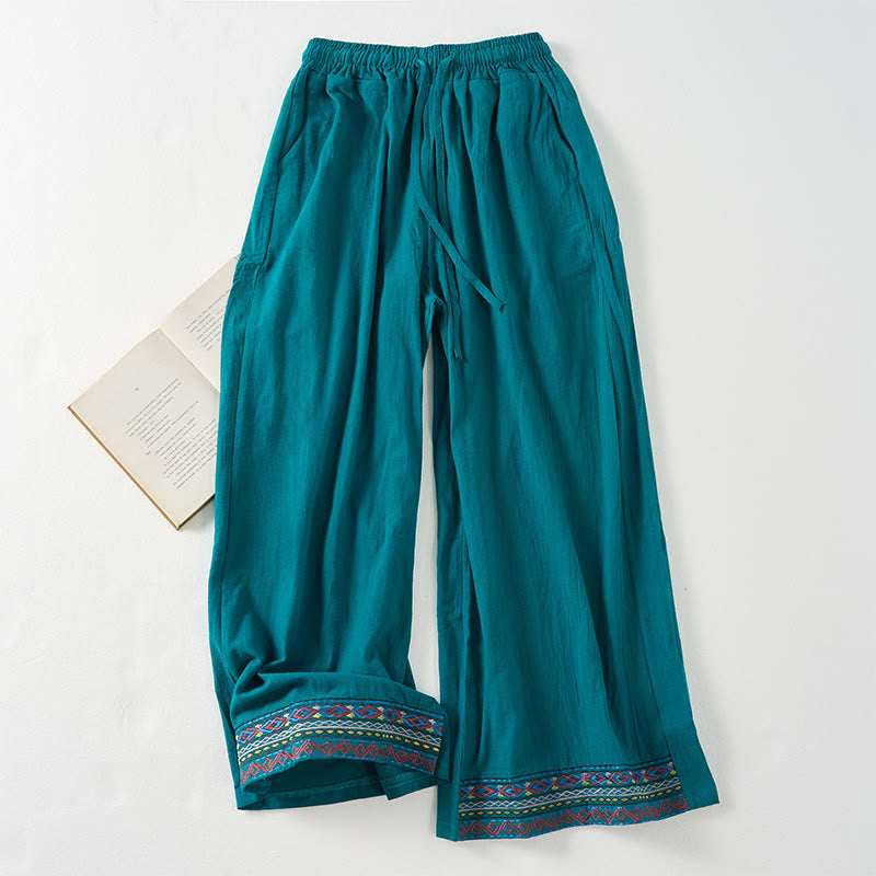 Buddha Stones Plain Bohemian Stripes Women's Wide Leg Pants With Pockets - DarkCyan - US12，UK/AU16，EU44 (XL) - image 0