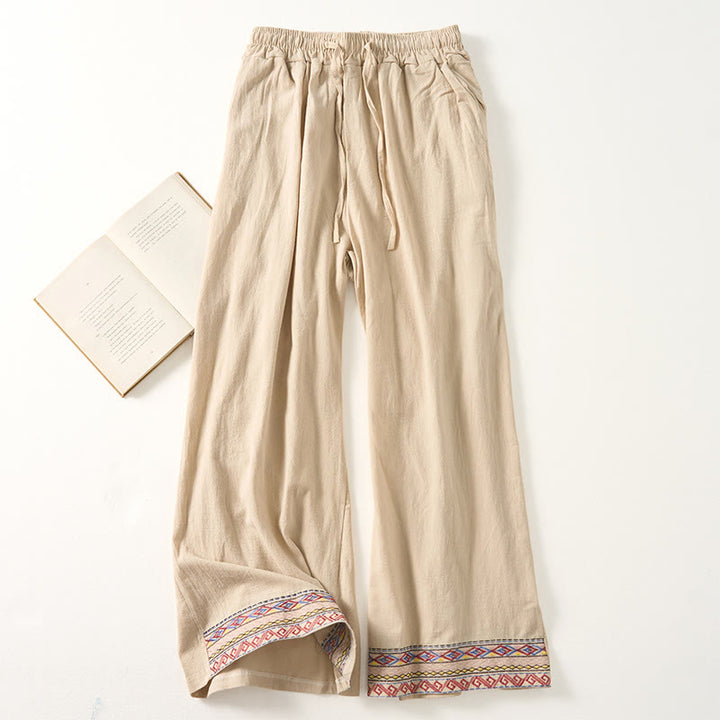 Buddha Stones Plain Bohemian Stripes Women's Wide Leg Pants With Pockets - Beige - US12，UK/AU16，EU44 (XL) - image 5