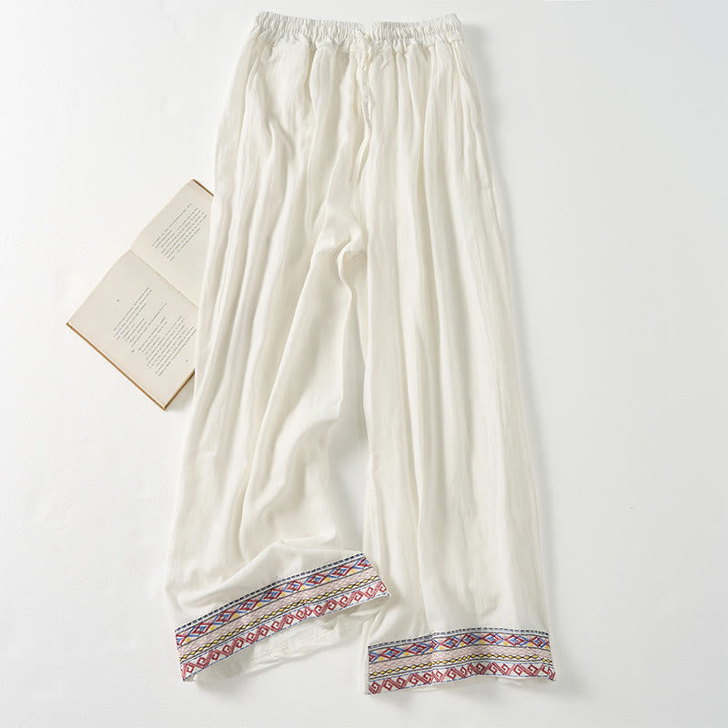 Buddha Stones Plain Bohemian Stripes Women's Wide Leg Pants With Pockets - White - US8-10，UK/AU12-14，EU40-42 (XL) - image 15
