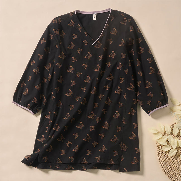 Buddha Stones Butterfly Pattern V-Neck Long Sleeve Women's Polyester Shirt  - Black - US12，UK/AU16，EU44 (2XL) - image 6
