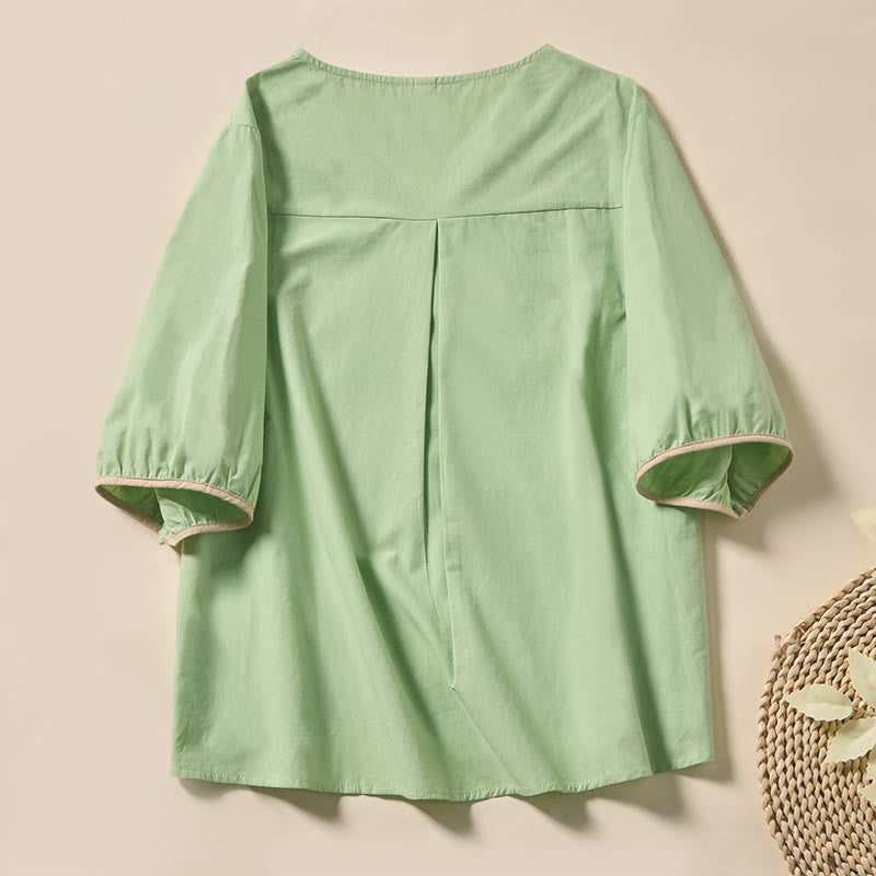 Buddha Stones Casual Floral Leaf Pattern V-Neck Women's Polyester Short Sleeve T-shirt - image 1