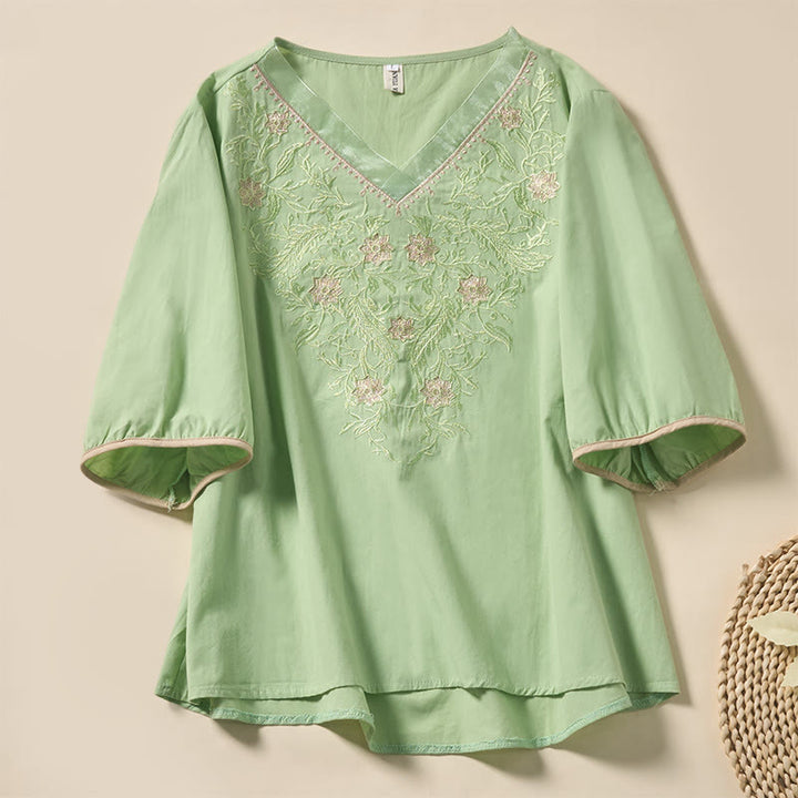 Buddha Stones Casual Floral Leaf Pattern V-Neck Women's Polyester Short Sleeve T-shirt - LightGreen - US8-10，UK/AU12-14，EU40-42 (2XL) - image 0